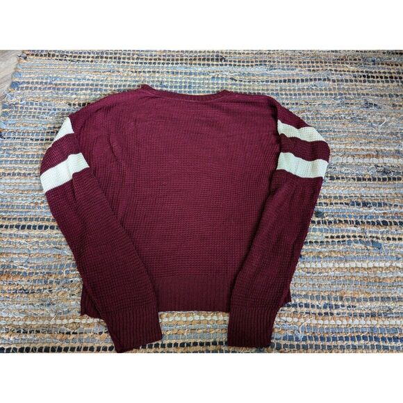 Burgundy Rugby Striped Open Knit High Low Sweater L Round Neck Lightweight Retro - Picture 8 of 8
